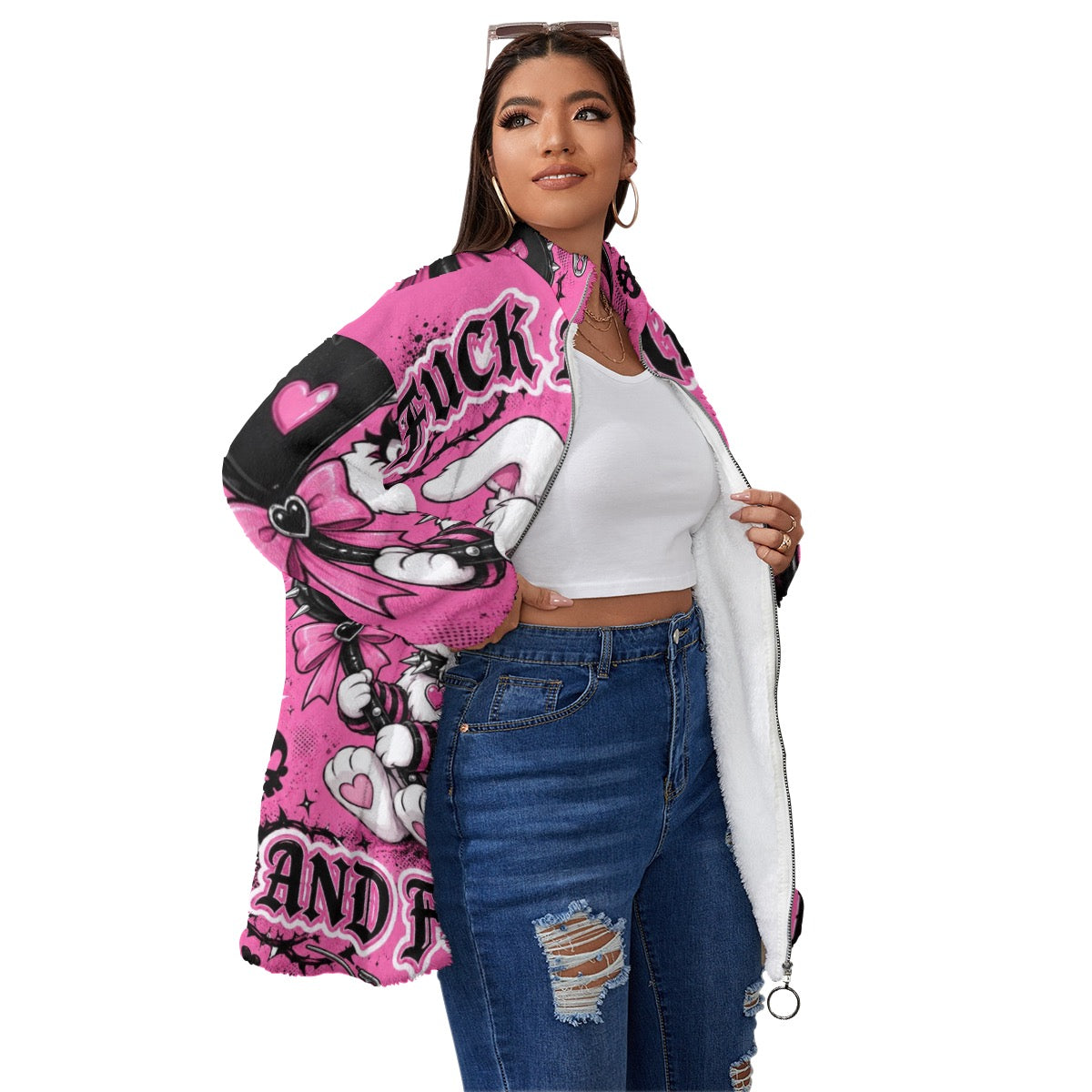 All-Over Print Unisex Borg Fleece Stand-up Collar Coat With Zipper Closure(Plus Size)