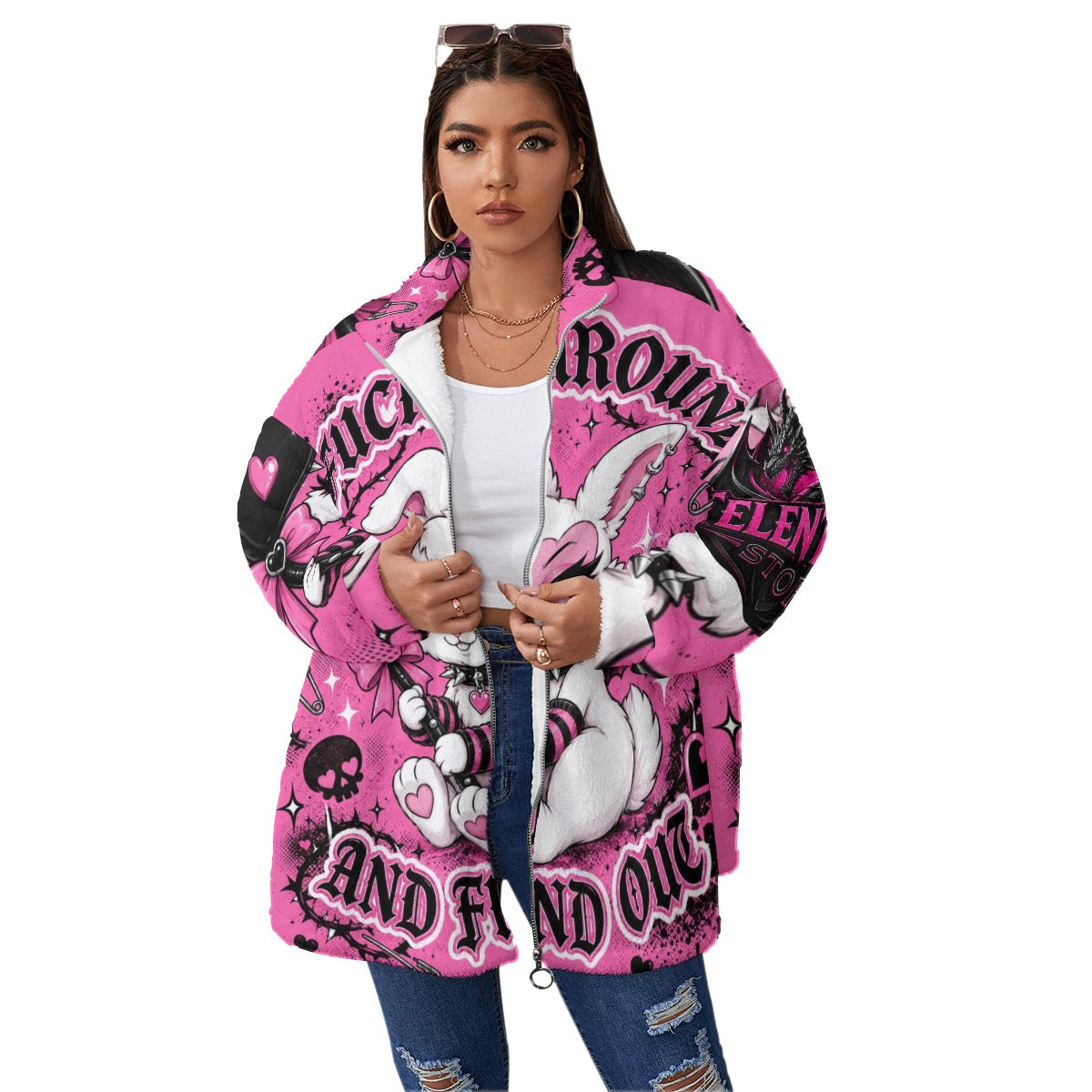 All-Over Print Unisex Borg Fleece Stand-up Collar Coat With Zipper Closure(Plus Size)