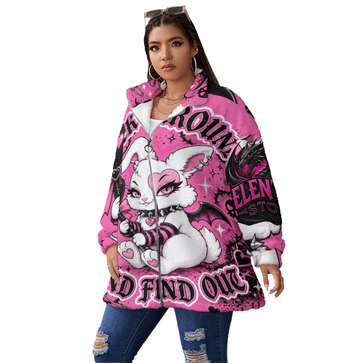 All-Over Print Unisex Borg Fleece Stand-up Collar Coat With Zipper Closure(Plus Size)